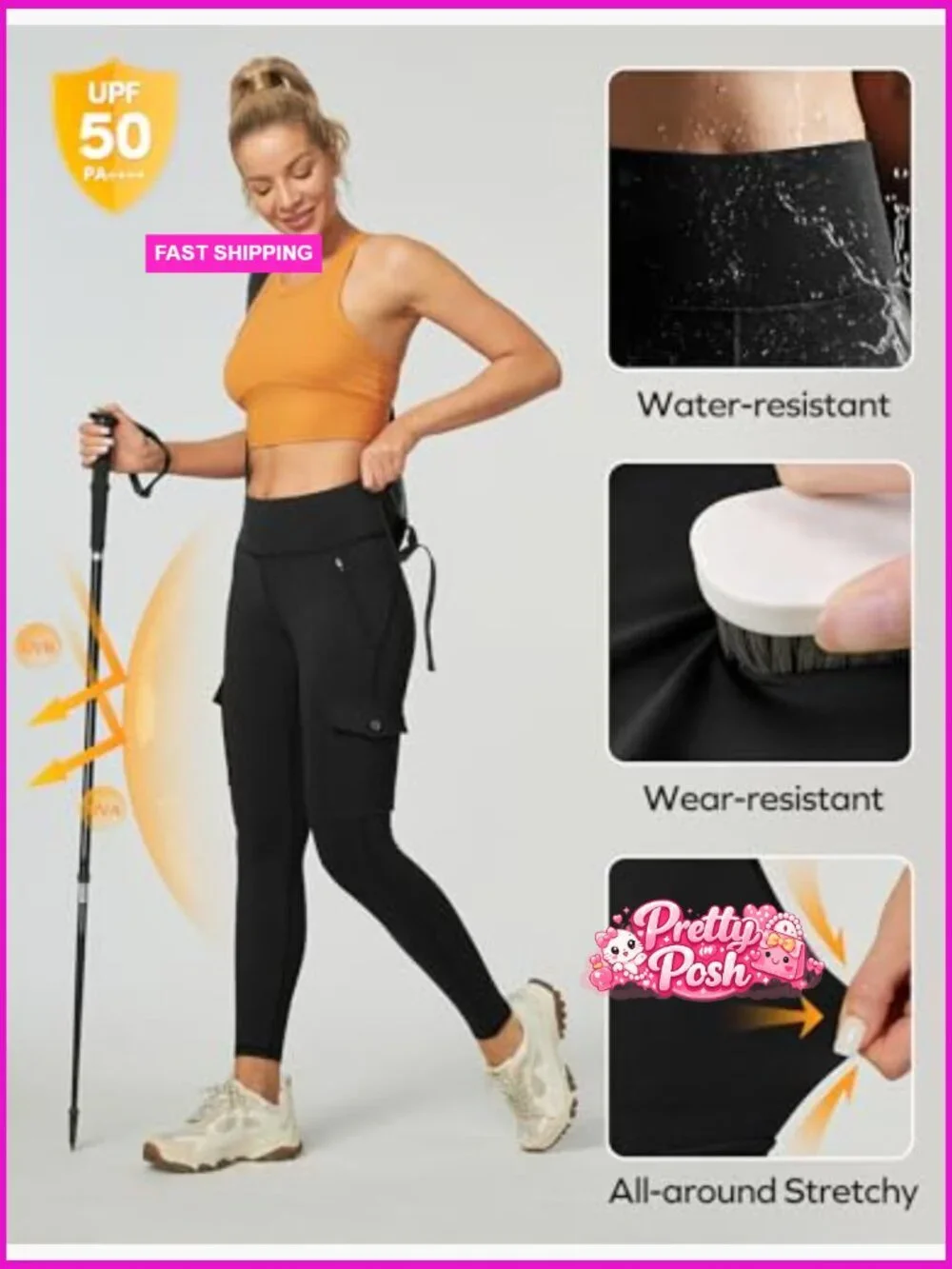 Water Resistant Hiking Leggings with Zipper Pockets Tummy Control UPF50+